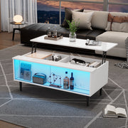 Tavolino da salotto regolabile in altezza 105 x 50 x 43 cm con LED, vani nascosti e ante scorrevoli in vetro temperato, bianco