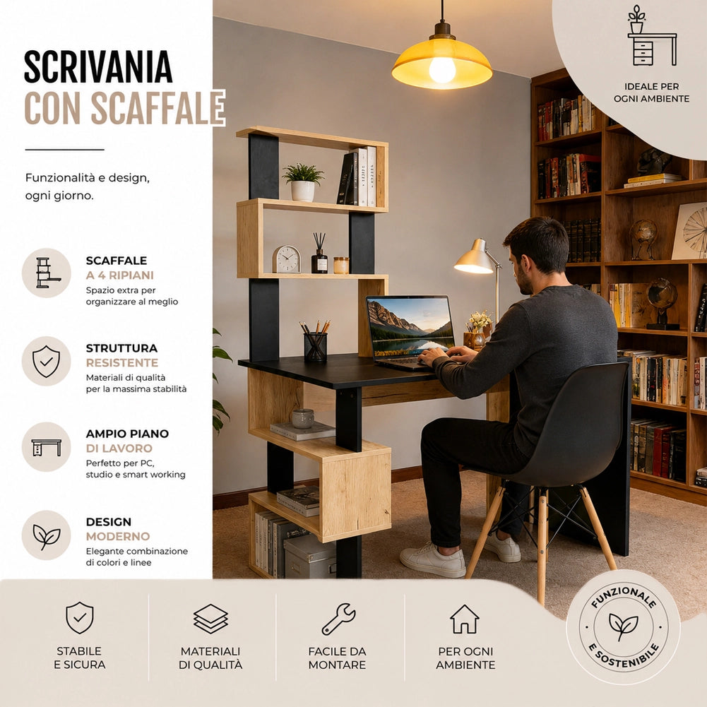 Scrivania con Libreria Tavolo Porta Pc in Legno per Casa Ufficio Nero e Quercia