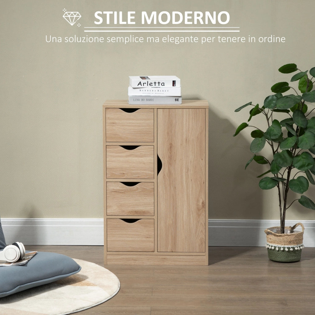 Mobile Bagno con 4 Cassetti, Armadietto a 2 Livelli e Maniglie Ritagliate, in Truciolato, 54x29x83 cm