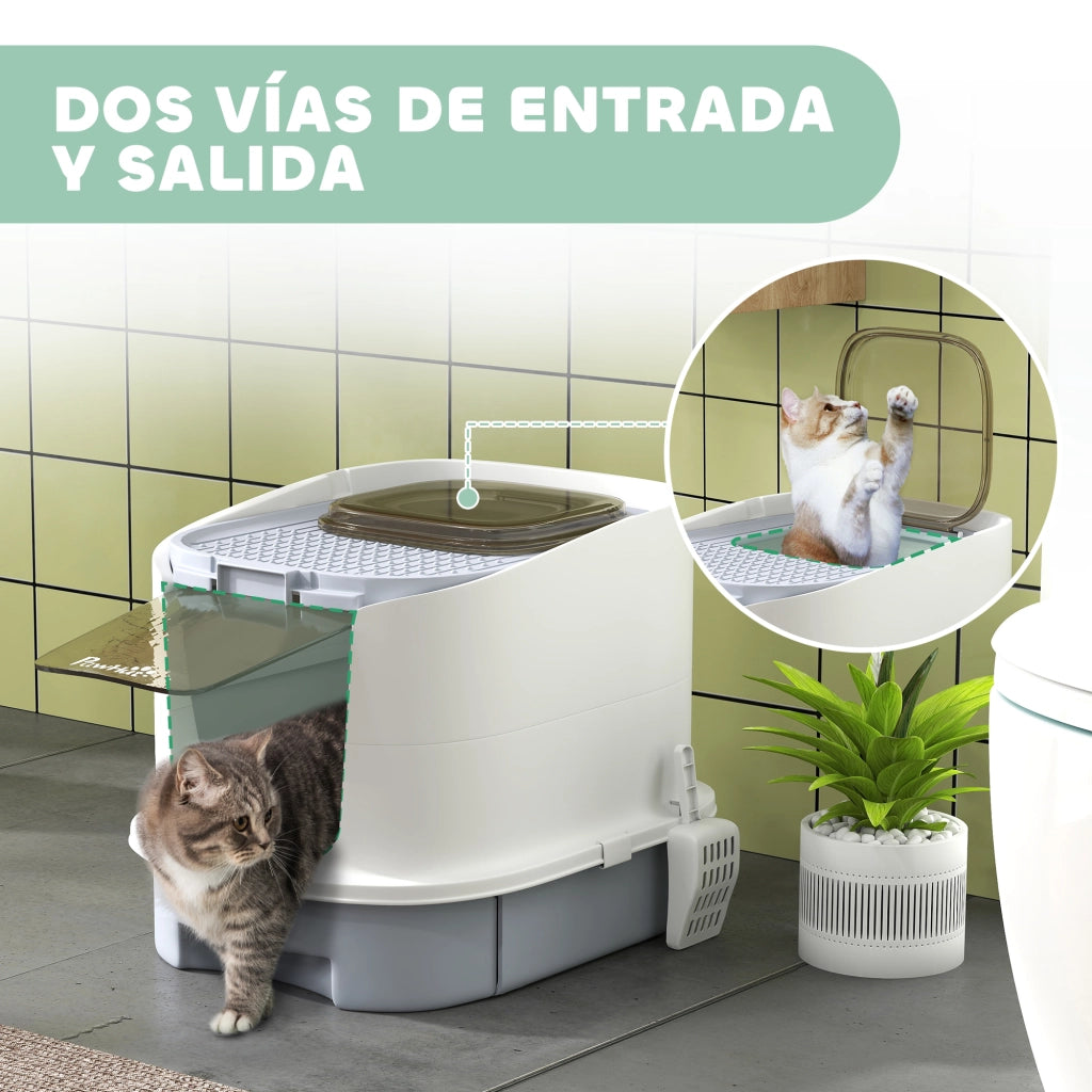 Lettiera Chiusa per Gatti ¨C Xylo ¨C Ingresso Frontale, Uscita Superiore, Cassetto Estraibile, 40,5x52,5x42,5 cm, Bianco e Grigio