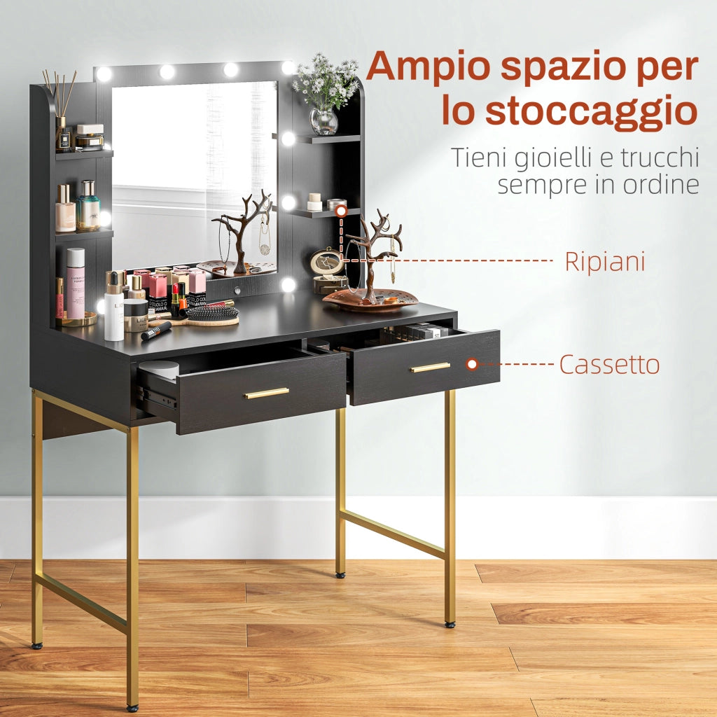 Toeletta Trucco con Specchio a 10 Lampadine e Sgabello Imbottito, Postazione Trucco con 2 Cassetti, 6 Ripiani Portaoggetti e Piedini Antiscivolo per Camera da Letto, Nero