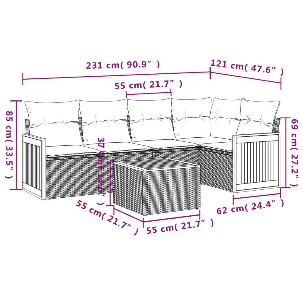 Set Divano da Giardino 6 pz con Cuscini Beige in Polyrattan 3227633