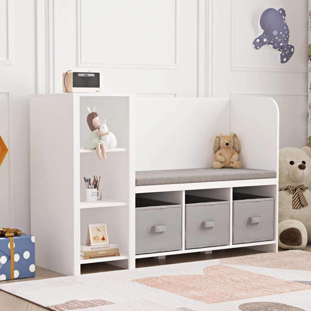 Scaffale per Cameretta Høylandet con Panca Scomparti e Scatole 76 x 112 x 40 cm - Bianco / Grigio [en.casa]