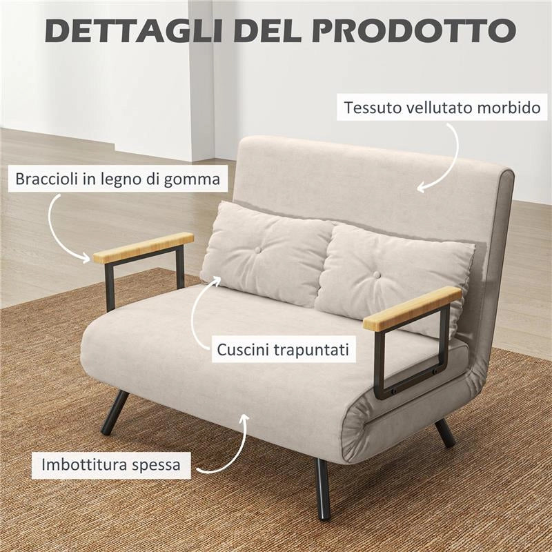 DIVANO LETTO 3 IN 1 IN TESSUTO EFFETTO VELLUTO CON SCHIENALE REGOLABILE E 2 CUSCINI 102X73X81 CM BIANCO CREMA