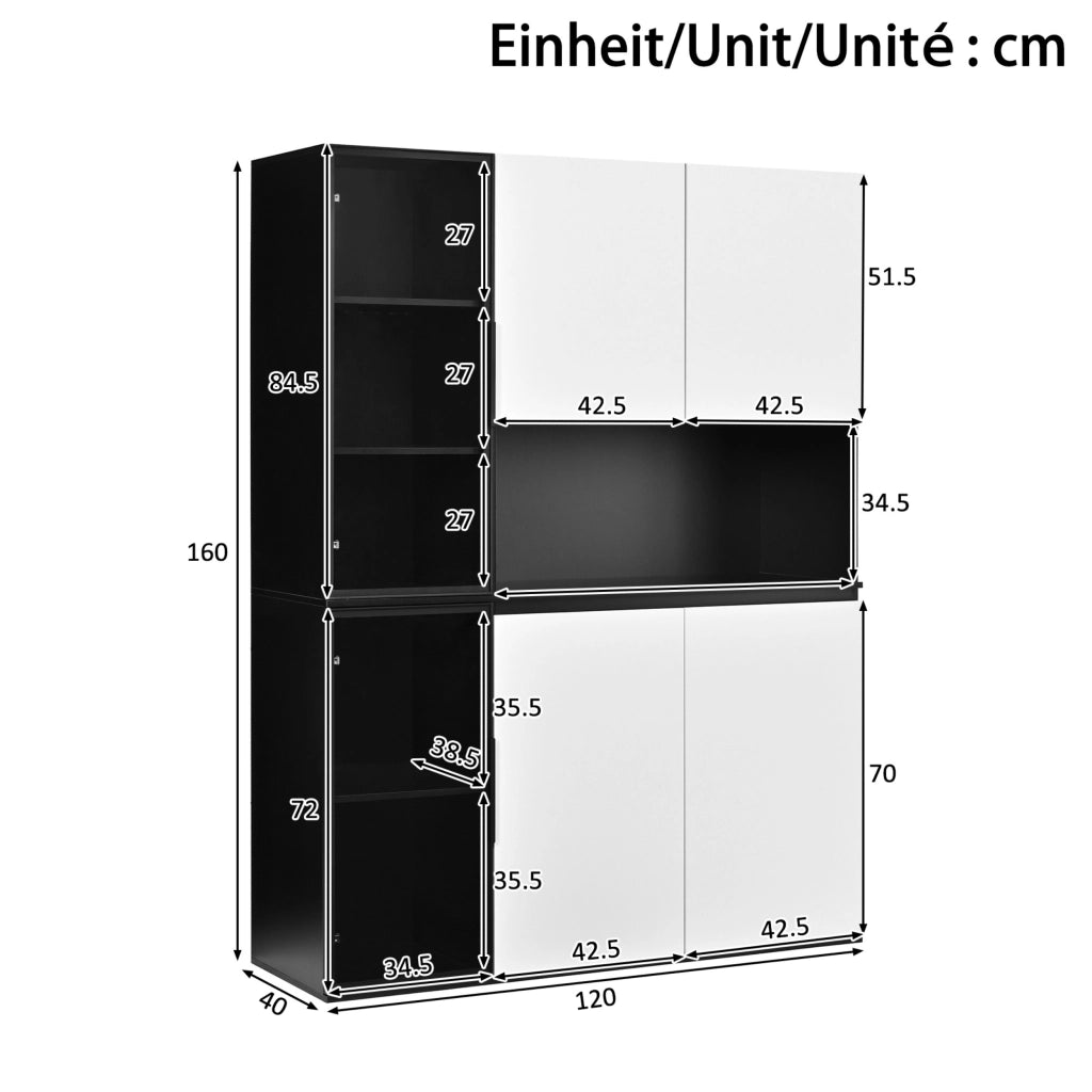 Vetrina, credenza, ante in vetro, luci a LED, MDF, bianco e nero