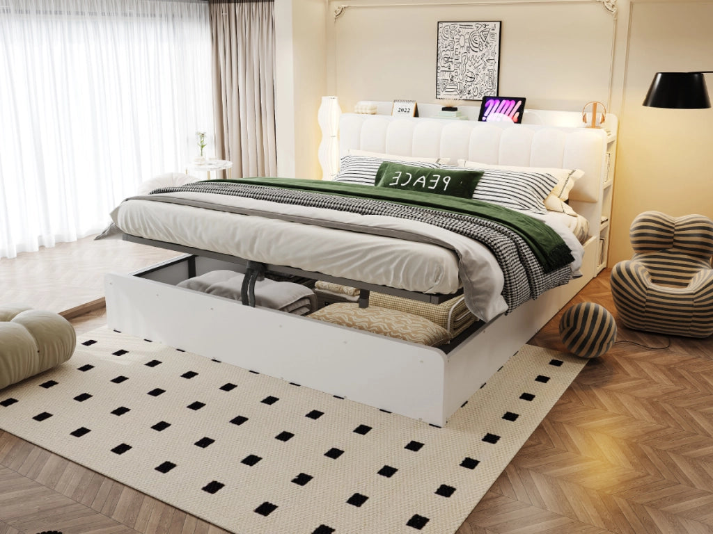 DESMIU Letto contenitore 180 × 200 cm 2 posti con testiera, USB, luce notturna e spazio, senza materasso, bianco