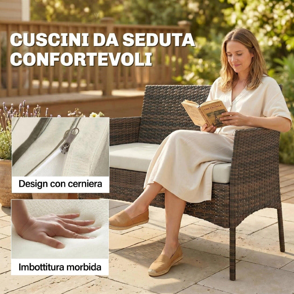 Set da Giardino 4 Pezzi con Divano 2 Posti ¨C Minimal ¨C Rattan, Acciaio, Beige, Marrone