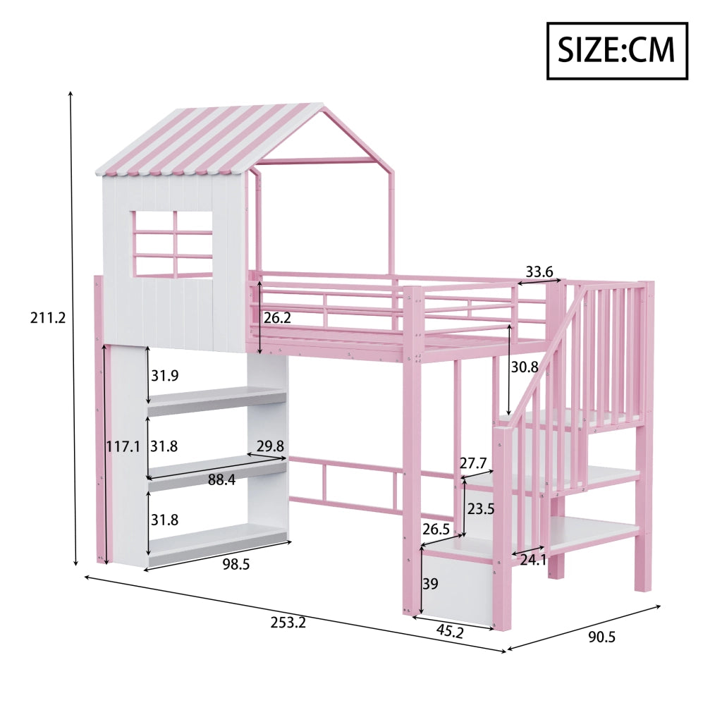 DESMIU Litto mezzanino bambino 90 × 200 cm 1 posto con scala contenitore e scaffali, senza materasso, in metallo, rosa