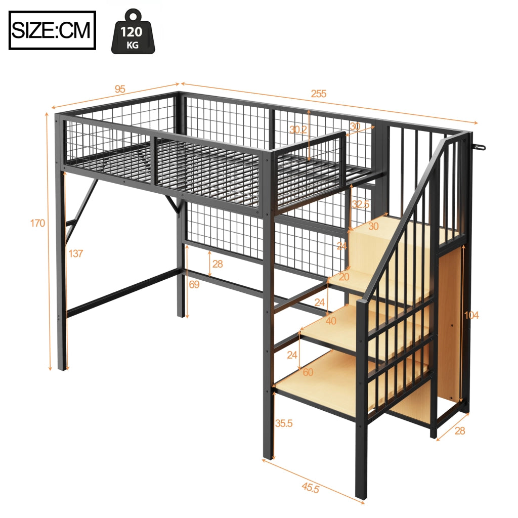 OKWISH Letto a soppalco 90×200 cm, Letto Singolo con LED controllato da app, scala contenitore e guardaroba aperto, senza Materasso, Nero