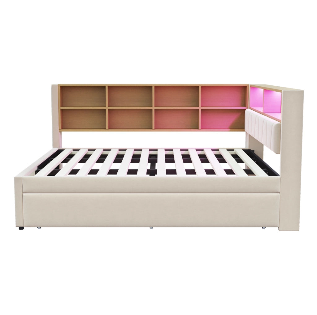 Divano letto multifunzione con letto estraibile, LED, prese integrate e vani portaoggetti