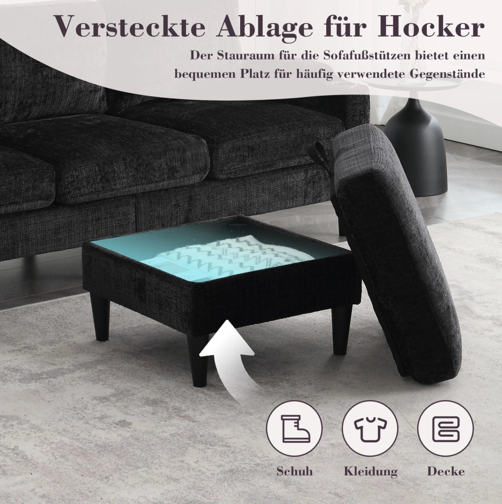 Divano 4 posti con pouf contenitore e portabicchieri 196;5x75x77 cm; chenille nero