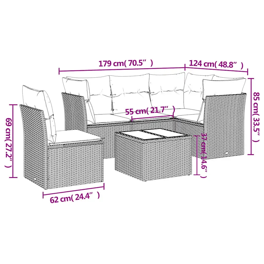 Set Divano da Giardino 6 pz con Cuscini Marrone in Polyrattan