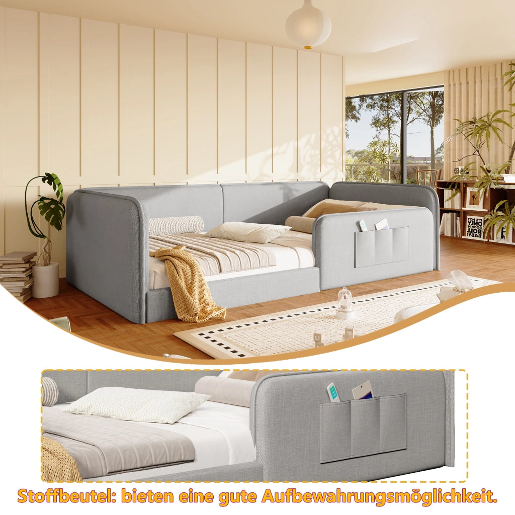 DESMIU Lit simple 90 × 200 cm con tasche portaoggetti, senza materasso, in lino, grigio