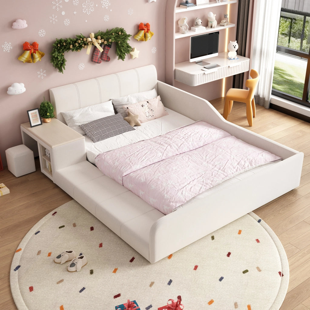 LETTO 140x200 cm in velluto bianco con scrivania, sgabello e ripiano