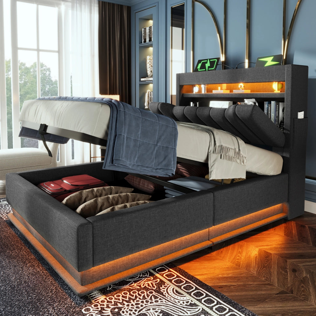 LETTO imbottito 90x200 cm con LED, USB e vano contenitore in lino grigio