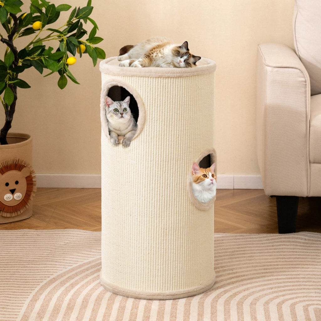 Condo per gatti a piani multi-livello con tappetino per graffi in sisal, Condo letto morbido per pisolini Beige