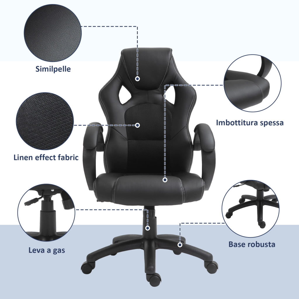EasyComfort Sedia da Gaming ad Altezza Regolabile, Sedia da Ufficio con Funzione a Dondolo, Girevole e Reclinabile, 71x61x108-118 cm, Nera