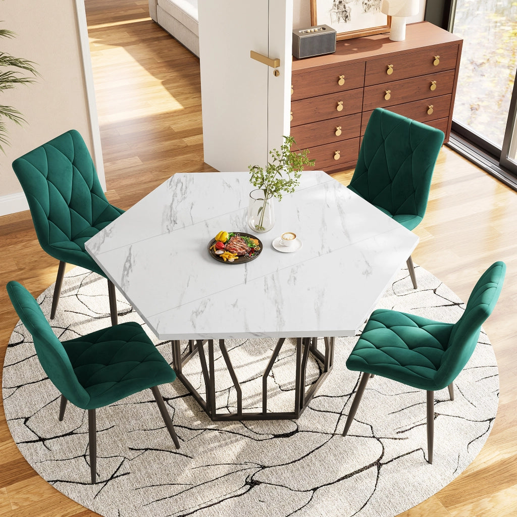 Tavolo da pranzo moderno esagonale con piano effetto marmo e base in metallo nero