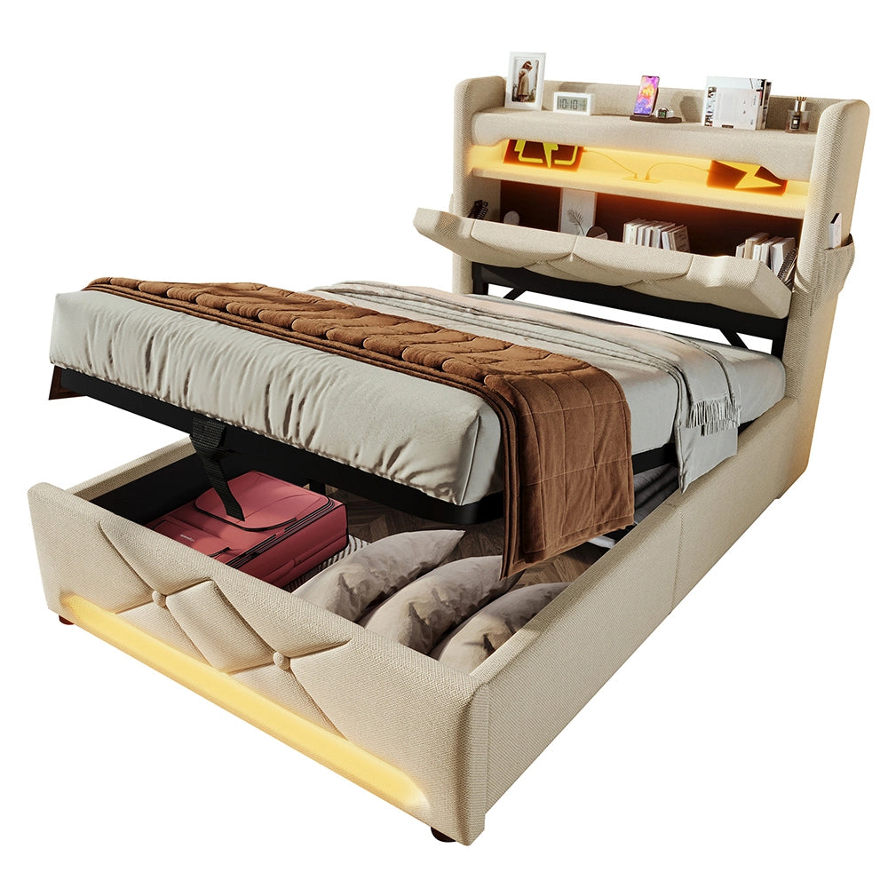 Letto singolo-Xylo-90x200 cm-LED 360°, USB-C, idraulico, lino, beige