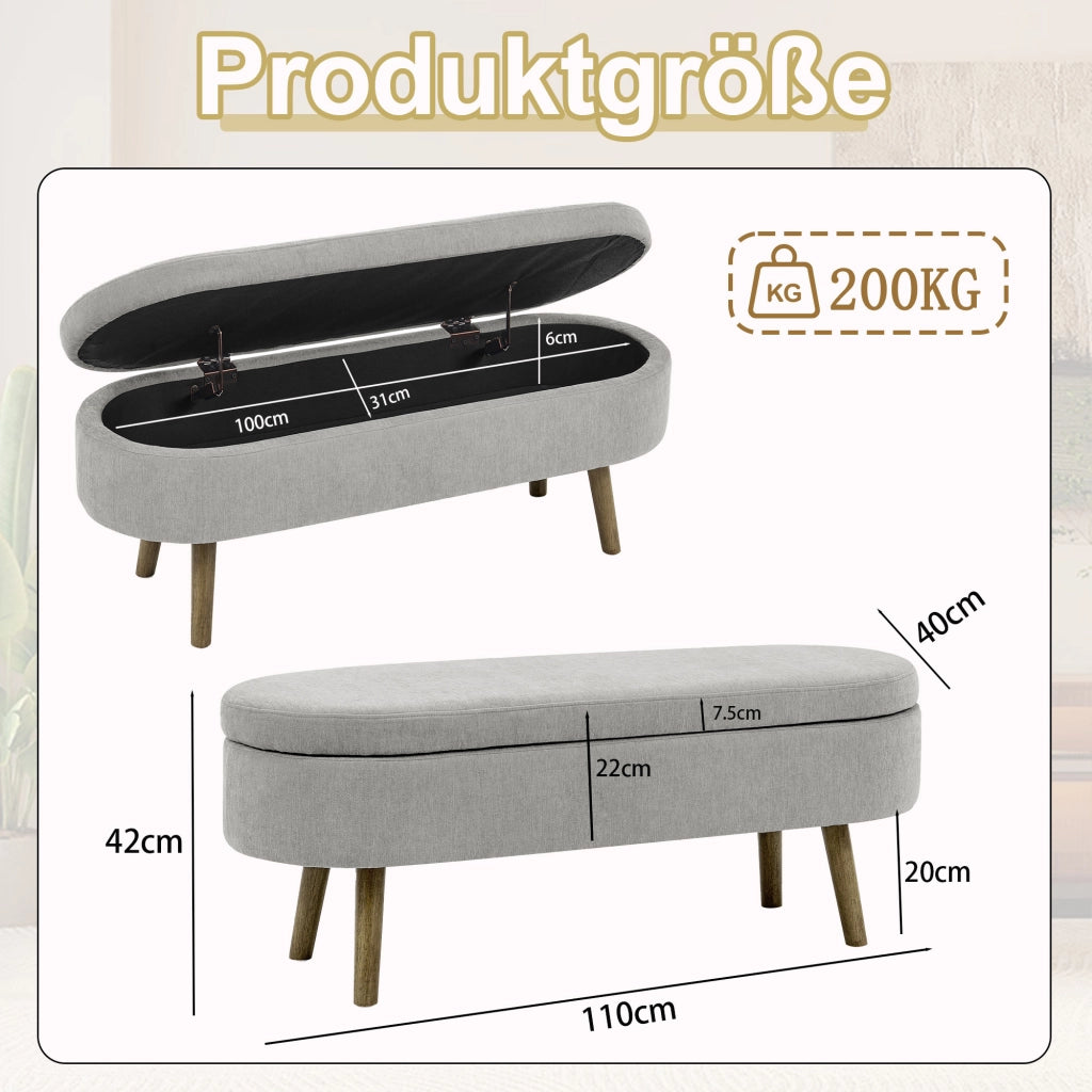 PANCA CONTENITORE 110x40x42 cm Chenille Grigio con coperchio ammortizzato