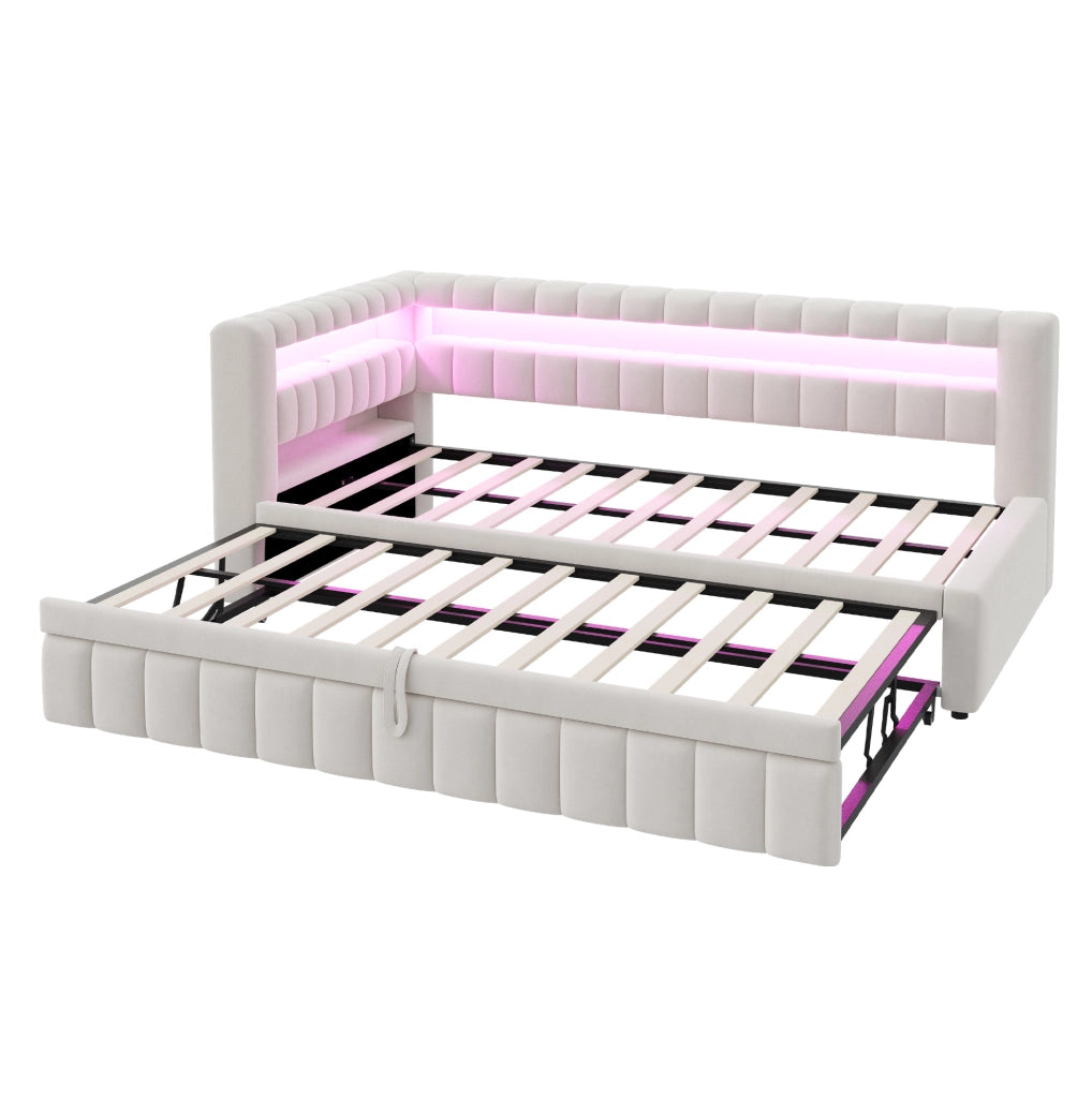Divano letto estraibile 90x200 cm con LED, USB e vani integrati beige