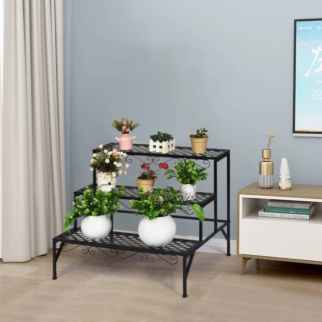 Scaffale espositivo di metallo con 3 livelli per piante per interno ed esterno-Organizer per fiori e piante Nero