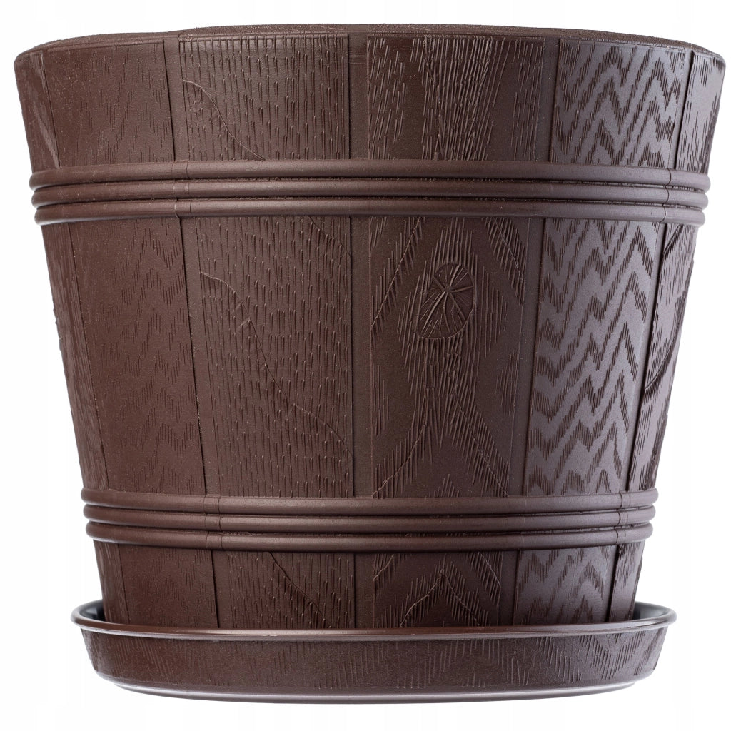 Vaso da fiori KADAX da 26 cm con coperchio effetto legno e supporto in plastica.