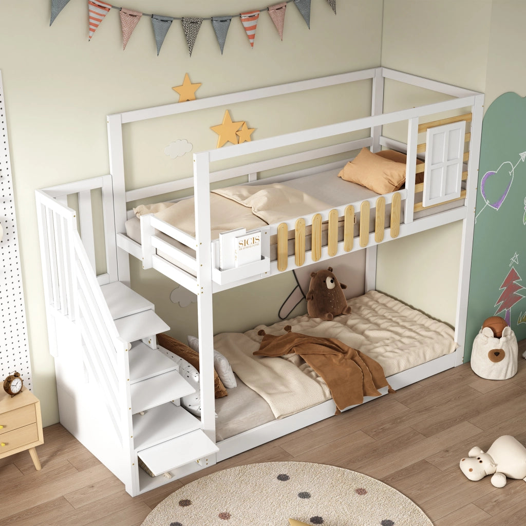 Letto a castello con scala funzione contenitiva in legno massello di pino e MDF 90x200 cm