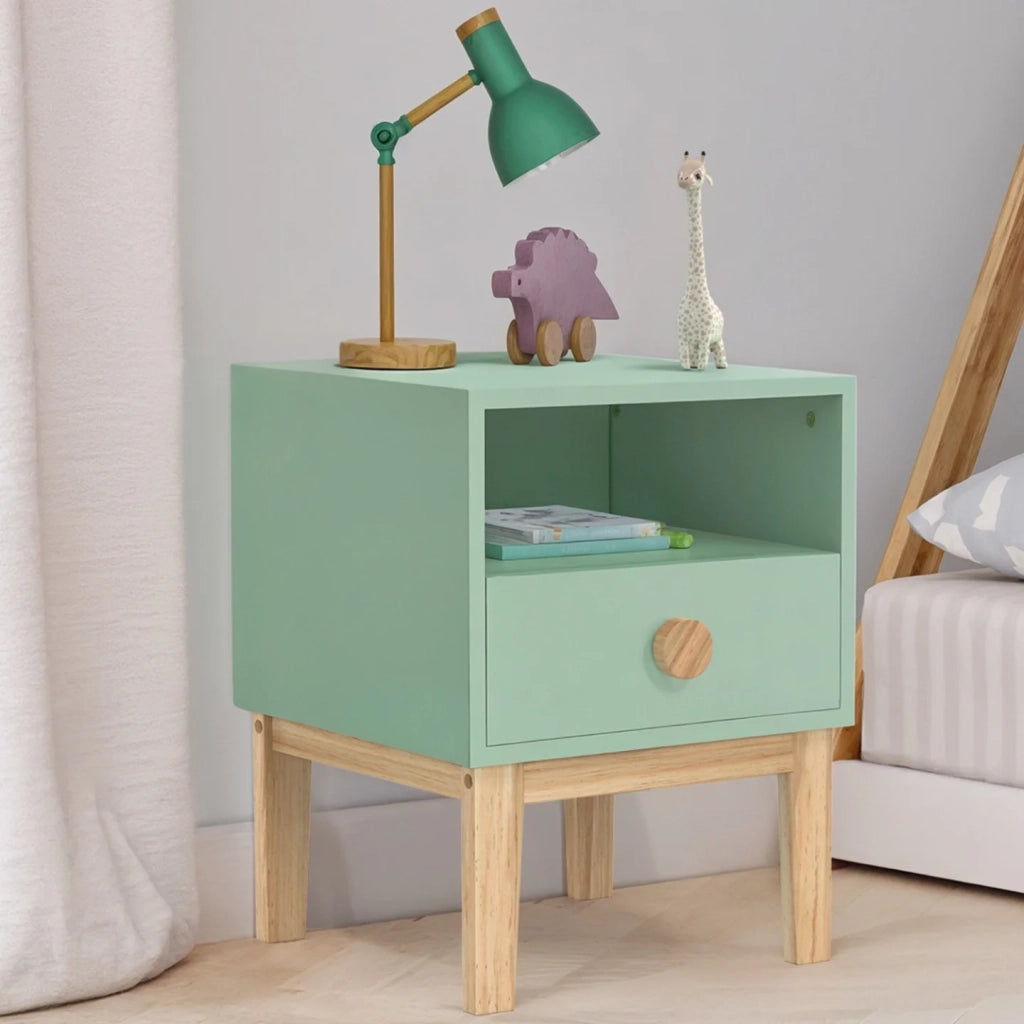 IDMarket - Comodino per bambini JACOB, 1 cassetto + 1 nicchia, verde acqua e legno