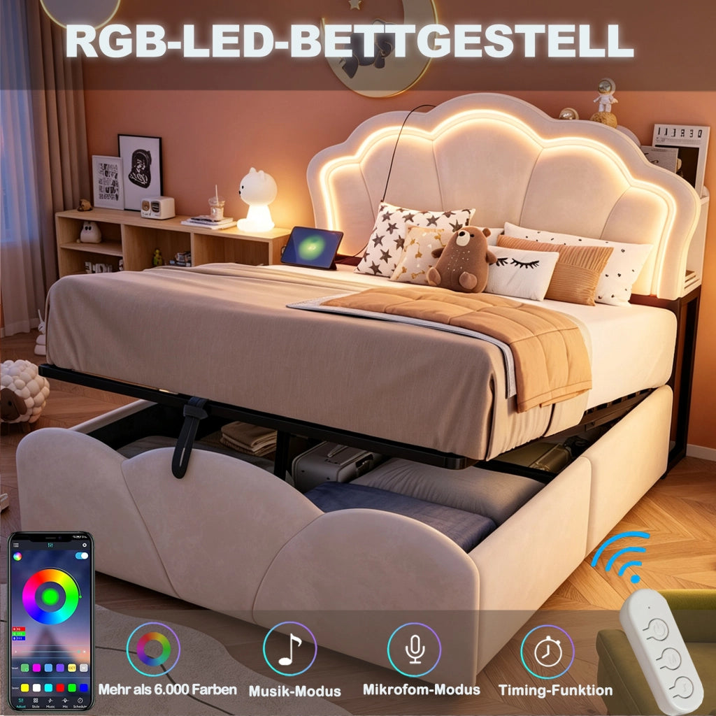 DESMIU Letto contenitore 140 × 200 cm 2 posti con LED, prese e vani testiera, senza materasso, beige