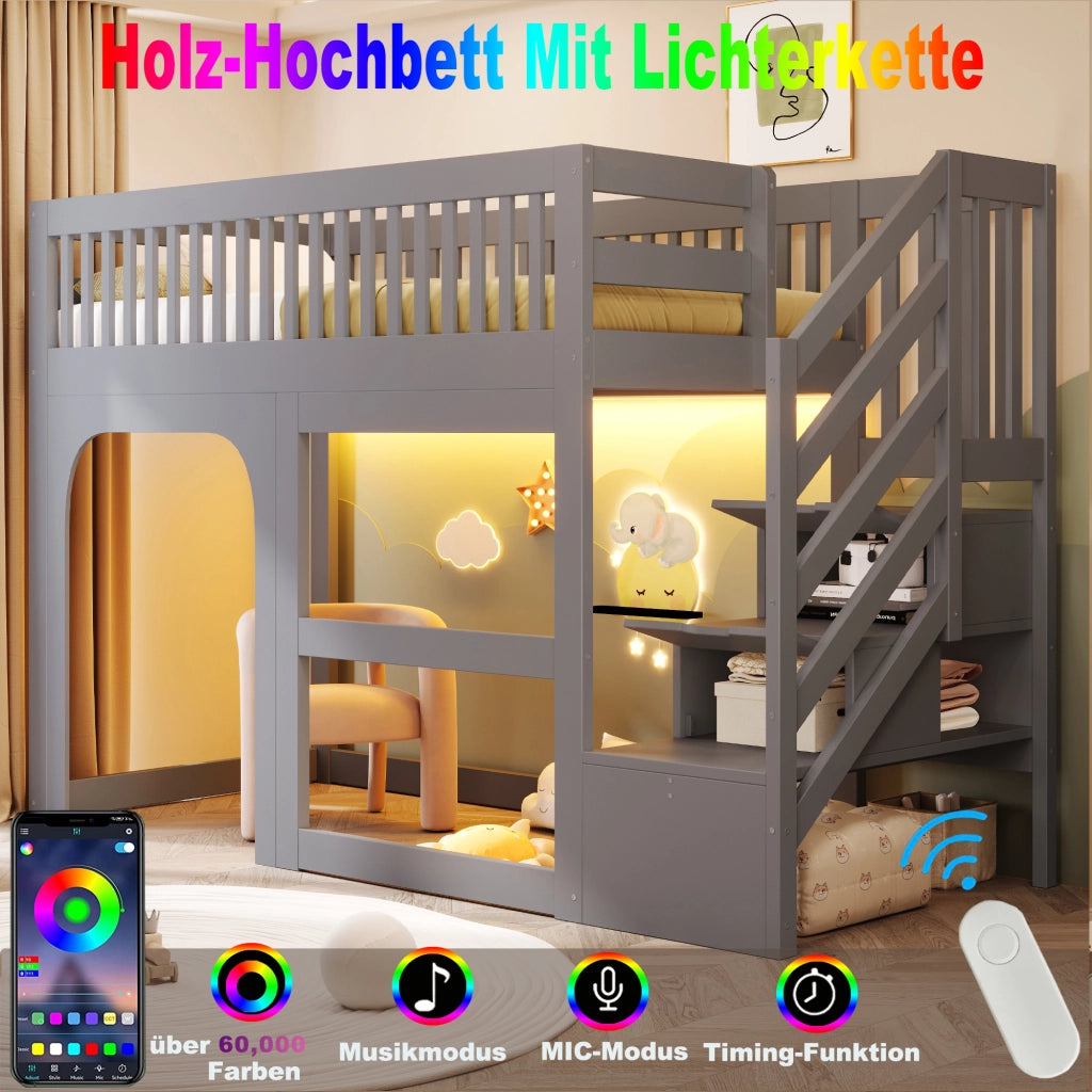 Letto a soppalco per bambini 90x200 cm con design a casetta; scala contenitore; spazio aperto sottoletto e LED; grigio