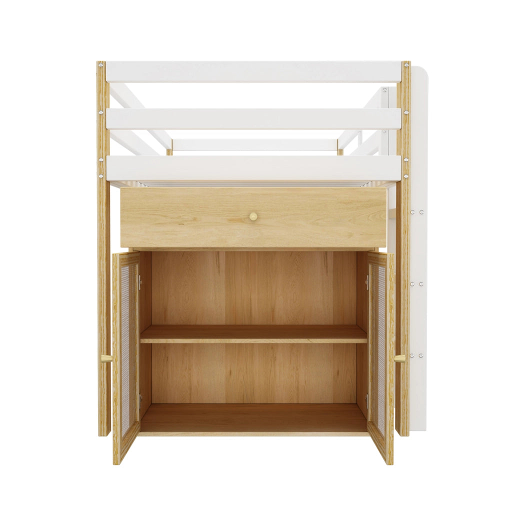 DESMIU Letto a Soppalco Singolo con 2 Armadi Contenitore e Scala, 90 × 200 cm, senza materasso, Naturale e Bianco