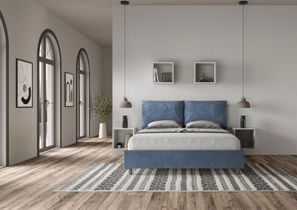 BS COM Letto matrimoniale senza rete imbottito 160x200 microfibra blu