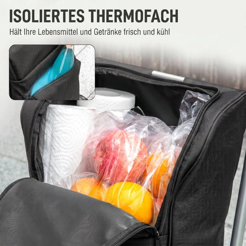 Carrello della spesa, borsa da 46 litri, carrello pieghevole con borsa termica, maniglia regolabile, telaio in alluminio, nero