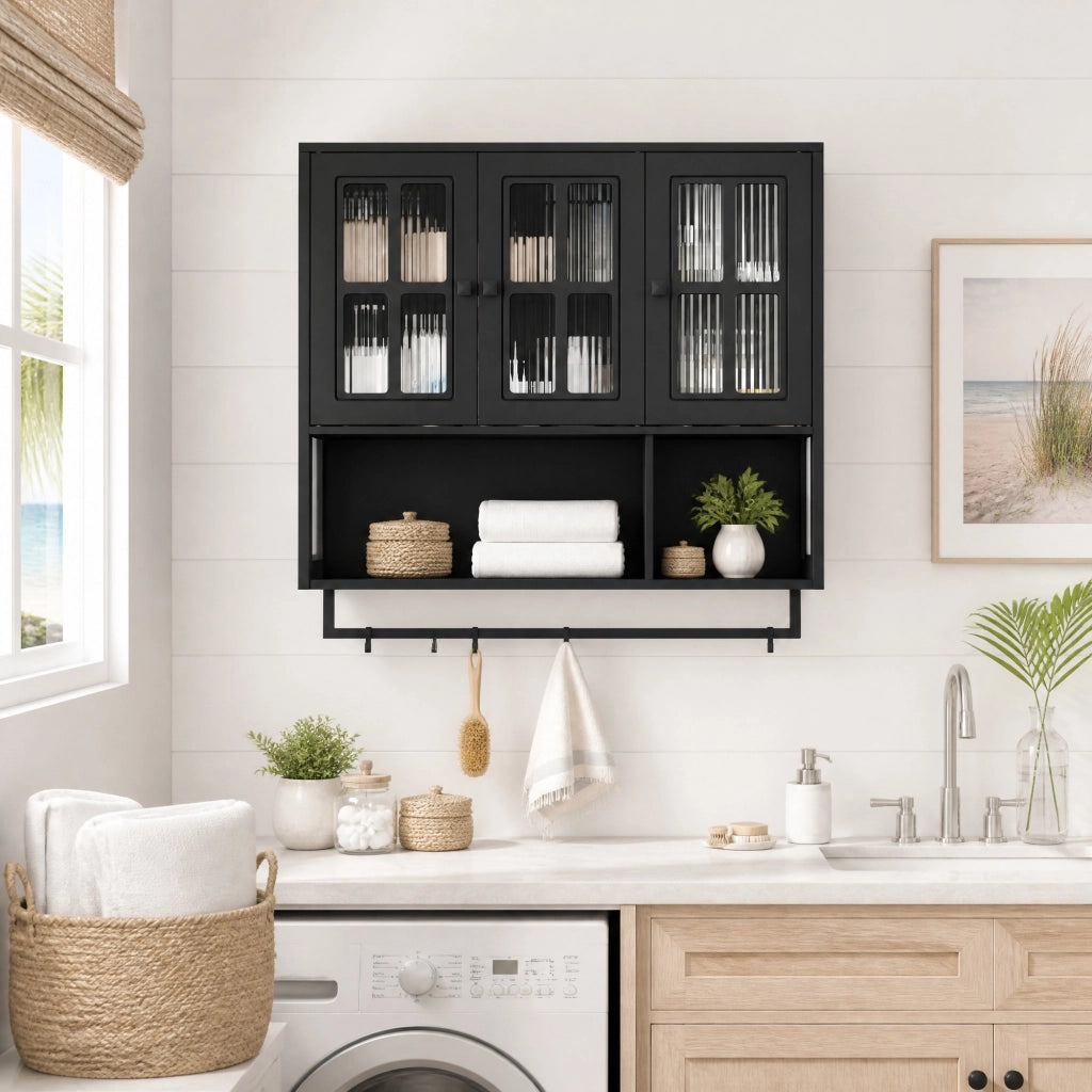 Mobile pensile da bagno moderno a 3 ante in MDF e vetro temperato, nero, con portasciugamani e ripiani regolabili