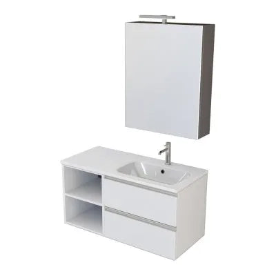 Mobile bagno sospeso 100 cm bianco opaco con cassetti e vani a giorno completo di lavabo a destra e specchio contenitore Master