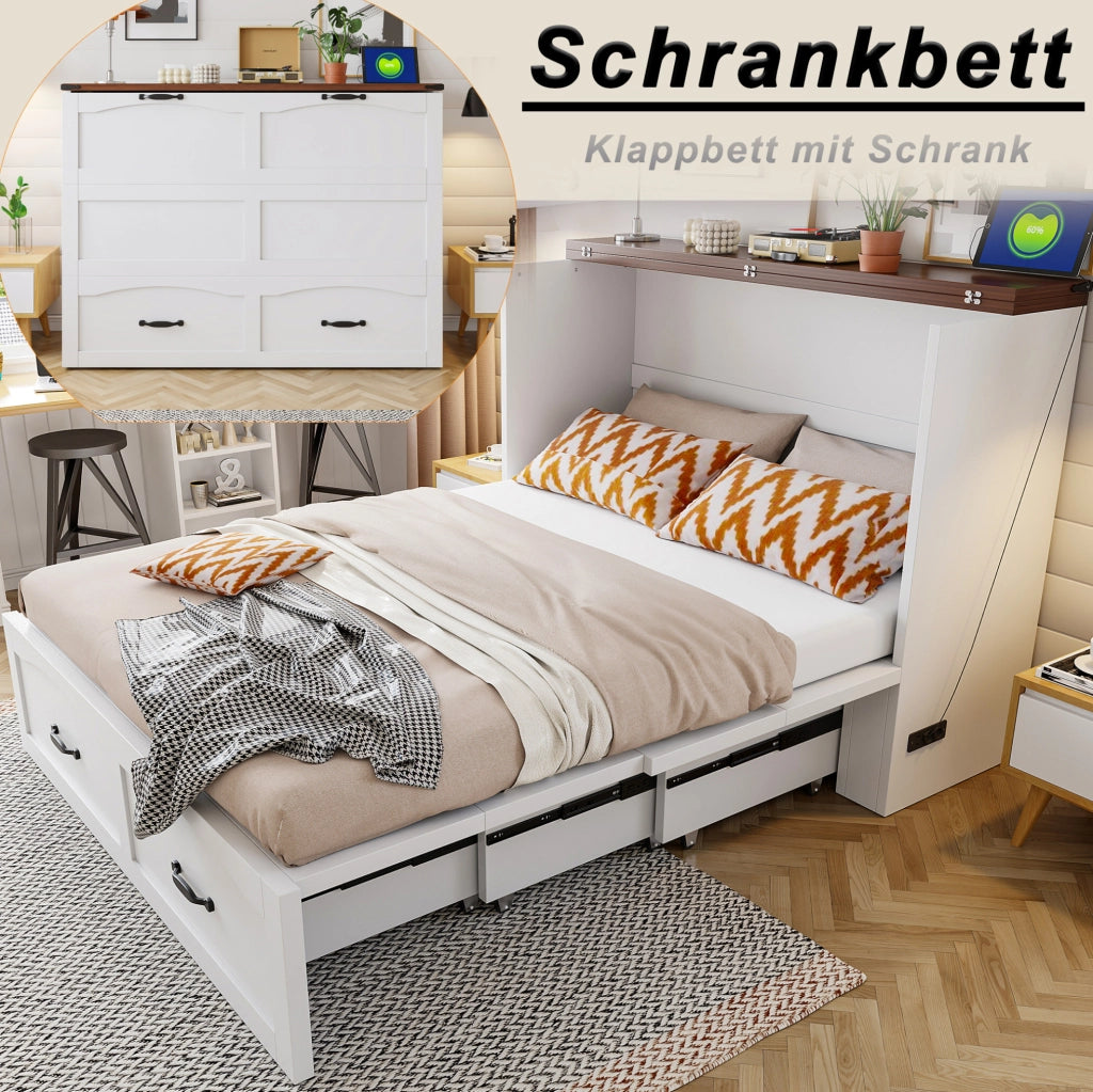 Letto pieghevole salvaspazio 140x200 cm con presa EU; struttura in metallo e legno; bianco