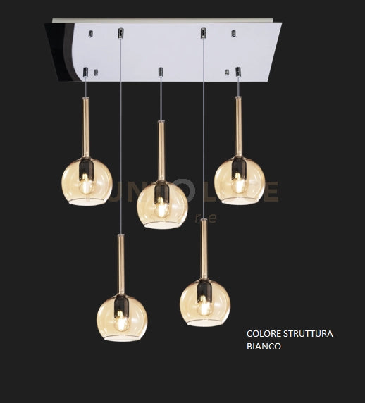 SOSP. BIANCO RETTANGOLARE 5 LUCI VETRI TUTTI PICCOLO AMBRA 1155BI-S5 RP-AM