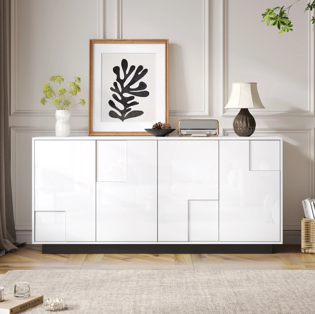 Sideboard da soggiorno 160x37x75;5 cm con 4 ante; bianco lucido e base nera