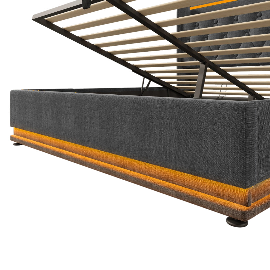 Letto matrimoniale 140×200 cm con contenitore; LED; USB e Type-C; testiera imbottita; materasso incluso; grigio