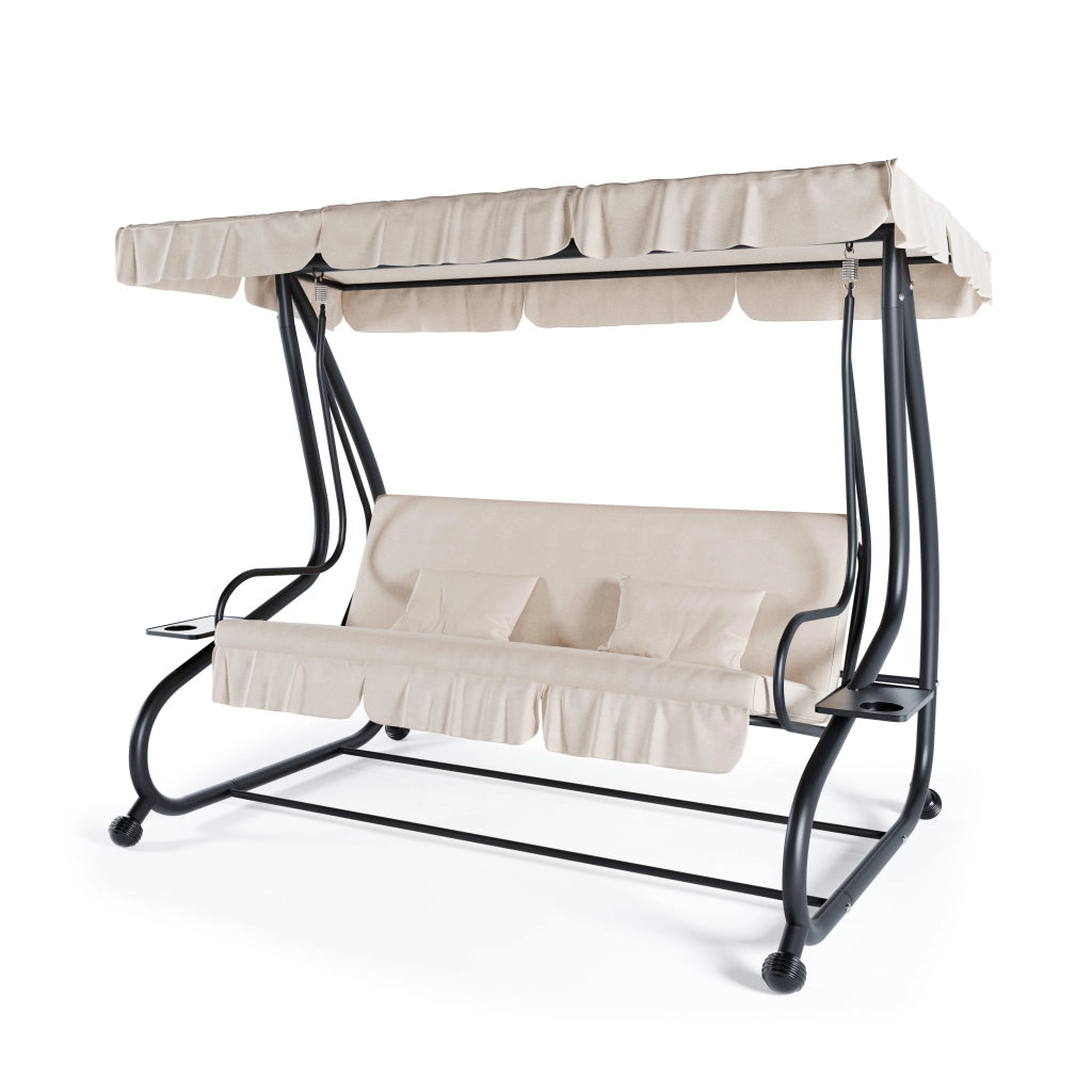 Dondolo 3 Posti Reclinabile Con Tettuccio Regolabile Cuscini Imbottiti Diventa Letto Struttura In Acciaio Giardino Esterno Balcone Terrazzo 200 x 120 x 160 cm Beige