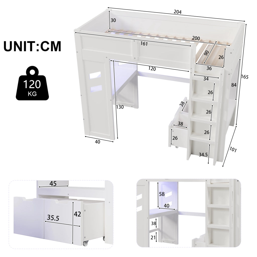 LETTO A CASTELLO 90x200 cm con scrivania, LED, USB, Tipo-C, bianco