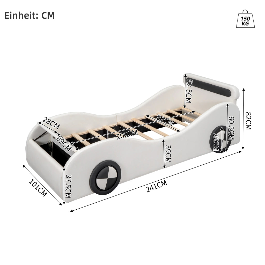 Letto Auto Imbottito per Bambini con Ruote LED e Contenitore ¨C MINIMAL ¨C PU Bianco 90x200