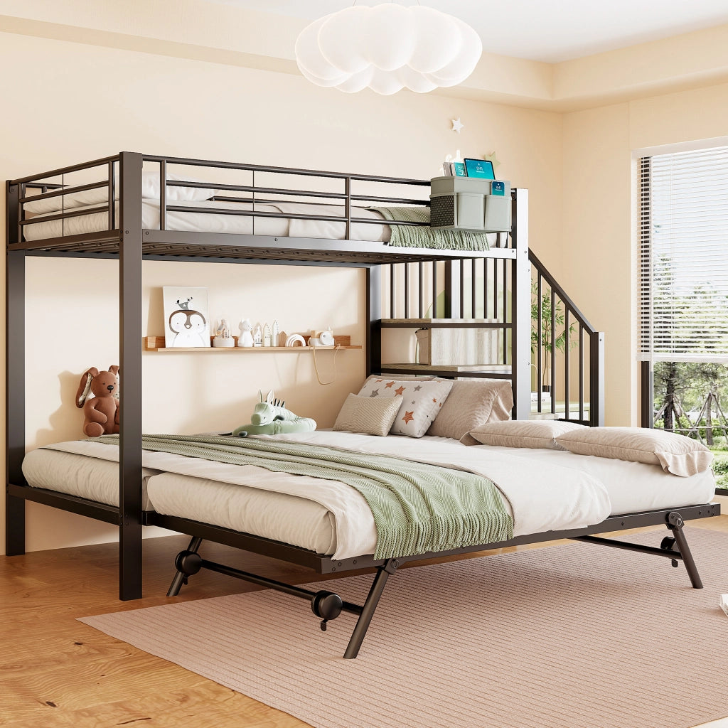 DESMIU Letto a Castello 3 Posti con Letto Estraibile, Scala Contenitore e Tasca, 90 × 200 cm e 180 × 200 cm, Senza Materasso