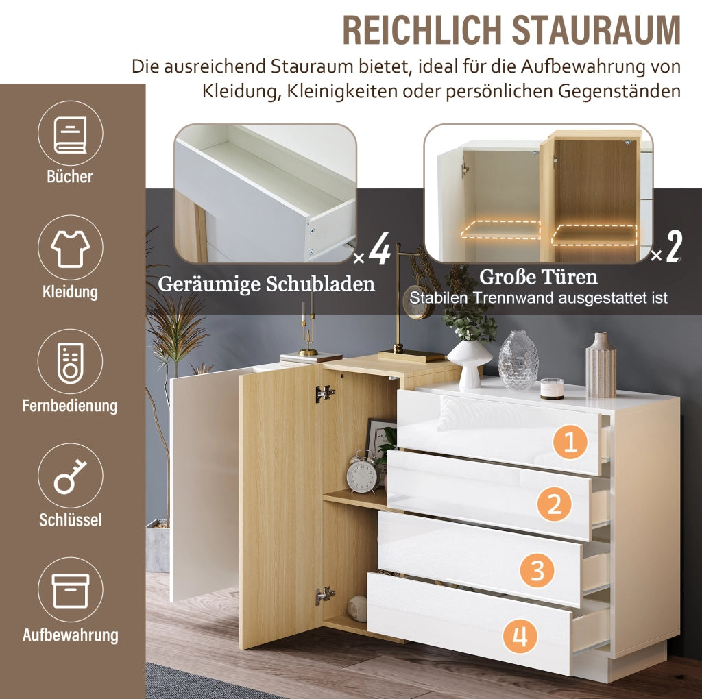 Credenza moderna bianca lucida in MDF 140 x 35 x 76;5 cm con 4 cassetti e 2 ante