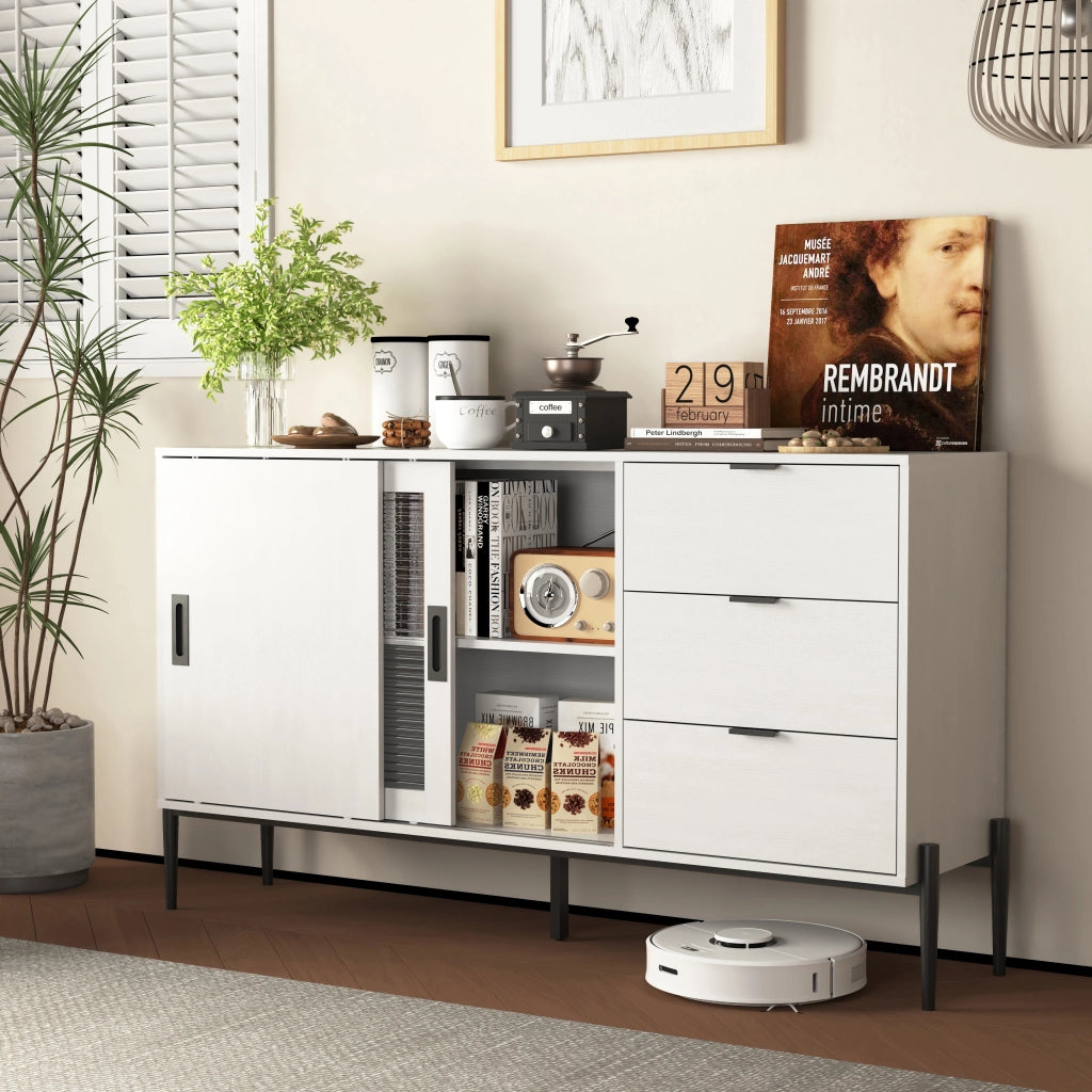 Credenza con 2 porte e 3 cassetti in vetro rigato; mobile contenitore per ingresso; in truciolare; bianco