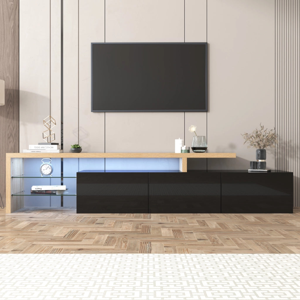 Mobile TV con 3 ante, ripiani in vetro e LED per soggiorno, in MDF e vetro, nero e legno, 197.5 × 39 × 42 cm