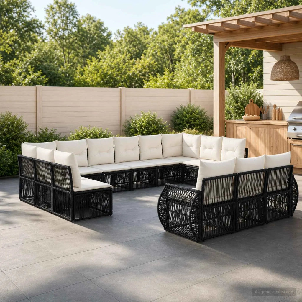 Set Divano da Giardino 13 pz Nero e Bianco Crema polyrattan 3435568