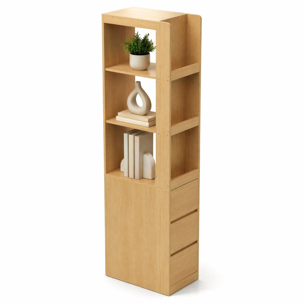 Libreria stretta alta 200 cm con 3 ripiani aperti e 3 cassetti; rovere