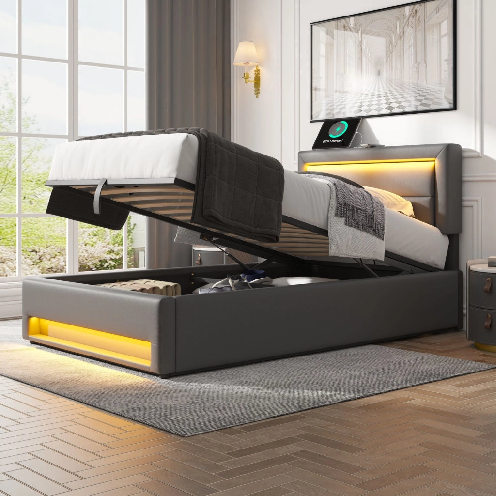 LETTO Imbottito 160x190 cm PU Grigio con USB, LED e contenitore